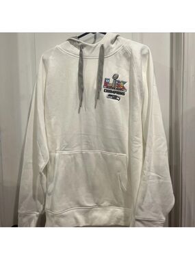 Antigua White Hoodie with Gray Drawcords and Seahawks Champions Patch